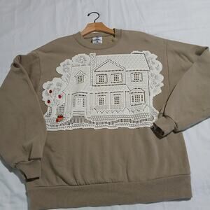 Jerzees Large Tan APPLE THEMED Sweatshirt Lace House Appliqué HANDMADE cot/poly